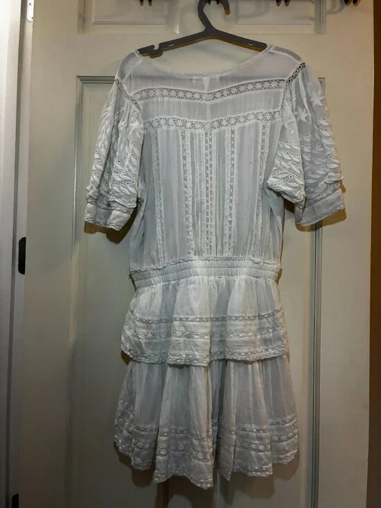 LoveShackFancy White Cotton Eyelet Embroidered Tiered Mini Dress – Lace Inset, - Picture 2 of 10